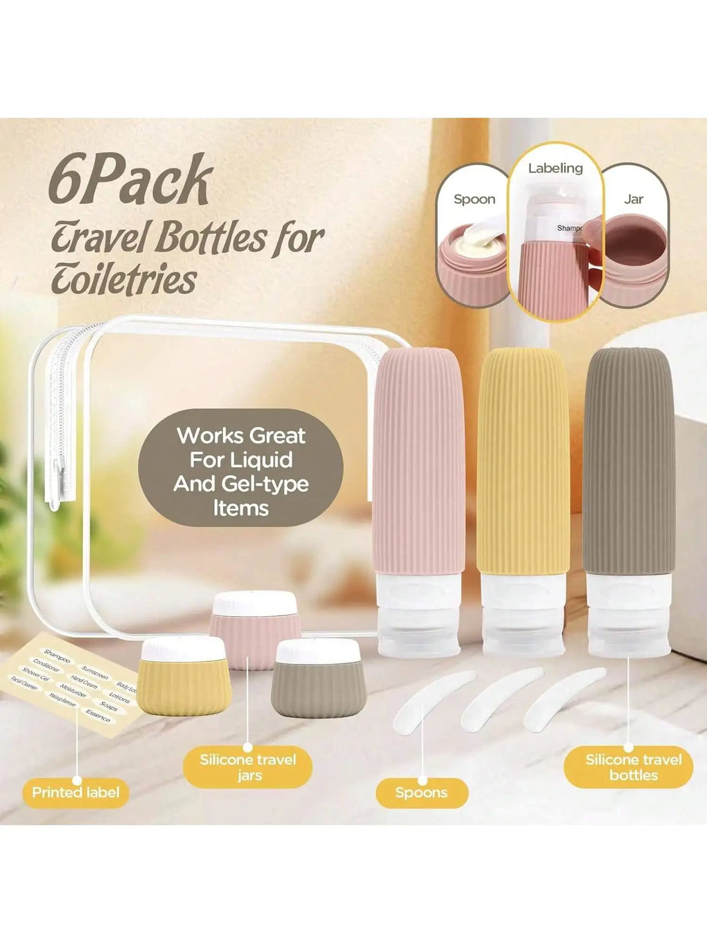 Travel Essentials Bottle Set of 6, Tsa Approved Travel Toiletry Container Set, 3 Silicone Leak-Proof Refillable Bottles and 3 Cream Jar Accessories Kit, Essential for Cruises and Travel Season